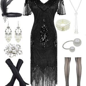 Women 1920s Gatsby Sequin Flapper Party Dress Accessories Set Plus Size